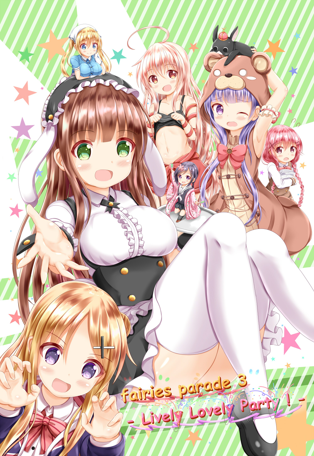 6+girls, :d, ahoge, animal, animal_costume, animal_ears, animal_hood, animal_on_head