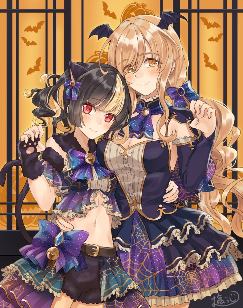 2girls, animal_ears, bat, bat_hair_ornament, bat_wings, bell, belt, blonde_hair