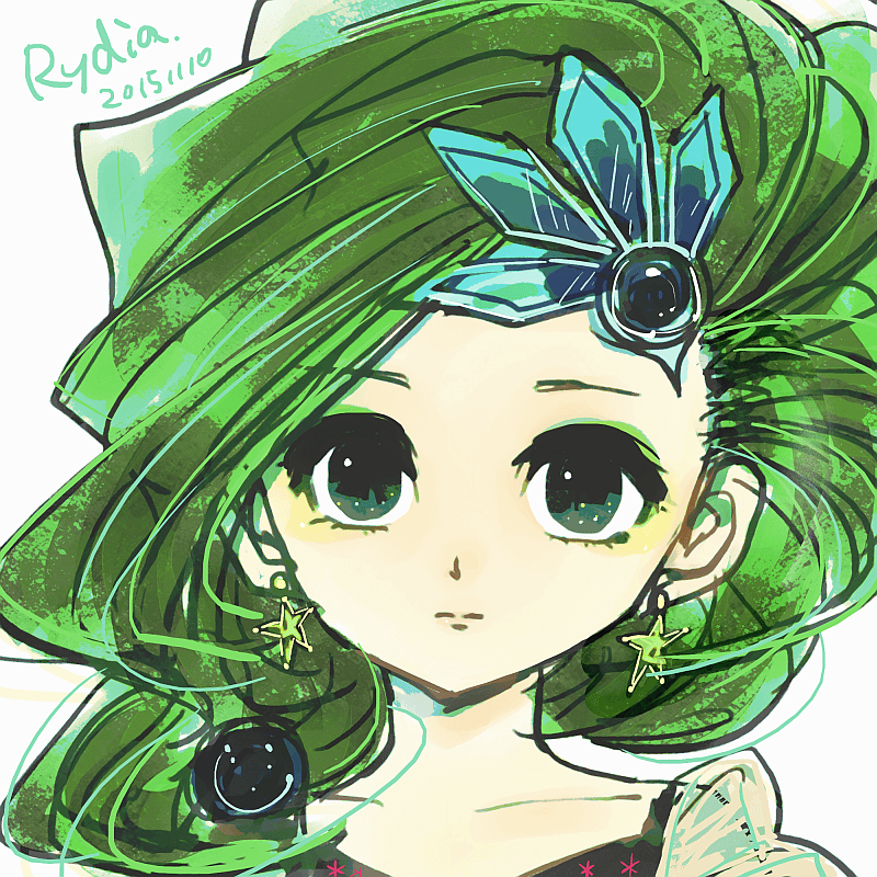 1girl, commentary_request, earrings, final_fantasy, final_fantasy_iv, green_eyes, green_hair, hair_ornament