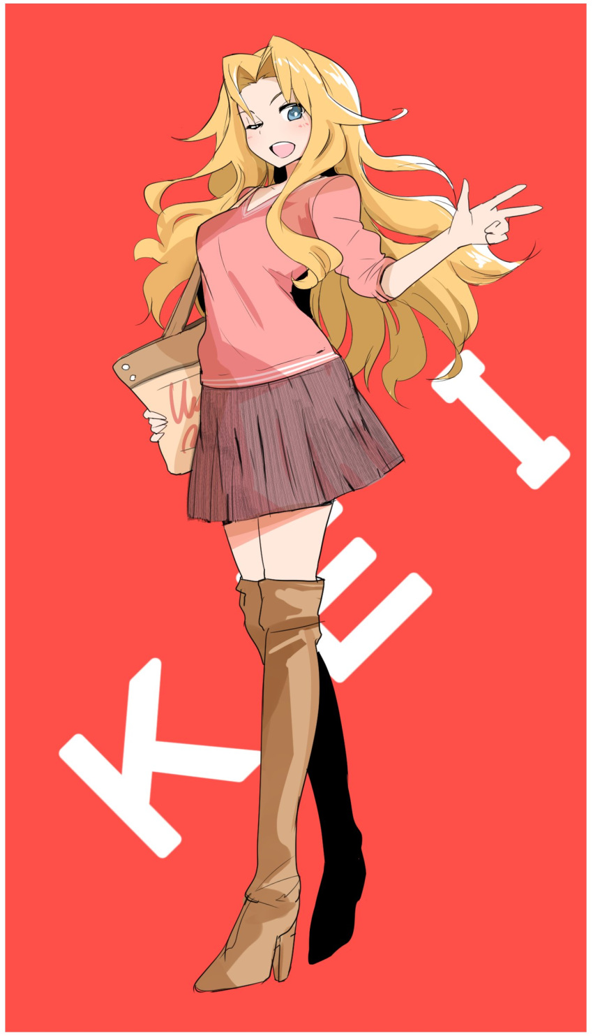 1girl, ;d, background_text, bag, blonde_hair, blue_eyes, boots, brown_footwear