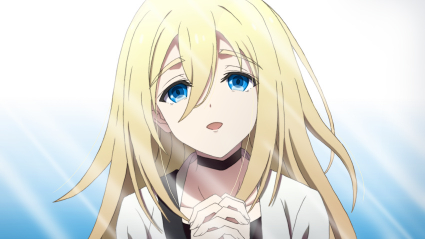 1girl, amou_yuu, bangs, blonde_hair, blue_eyes, collarbone, hair_between_eyes, hands_clasped