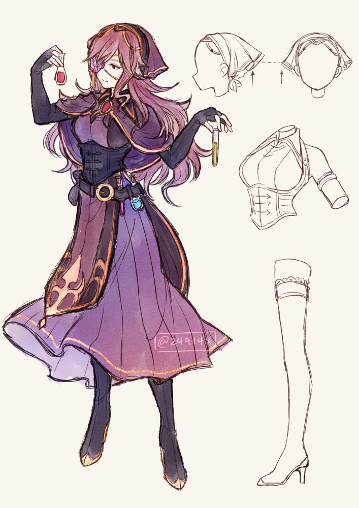 1girl, boots, breasts, capelet, closed_mouth, commentary, concept_art, dress, elbow_gauntlets, eyepatch, fingerless_gloves, flower, flower_eyepatch, gem, gloves, high_heel_boots, high_heels, jewelry, light_smile, long_hair, medium_breasts, original, potion, purple_dress, purple_flower, purple_hair, red_eyes, ribbon, simple_background, smile, solo, test_tube, twitter_username, veil, white_background, xin_(24914), yellow_ribbon