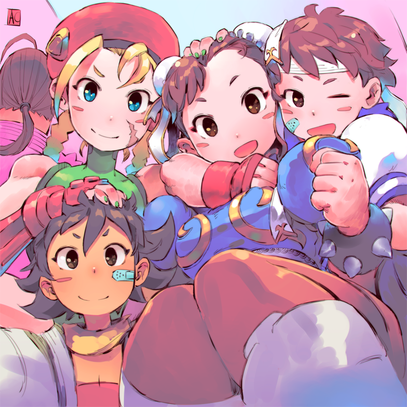 1boy, 4girls, ahoge, andrea_cofrancesco, arms_around_neck, bandaid, bandaid_on_face, beret
