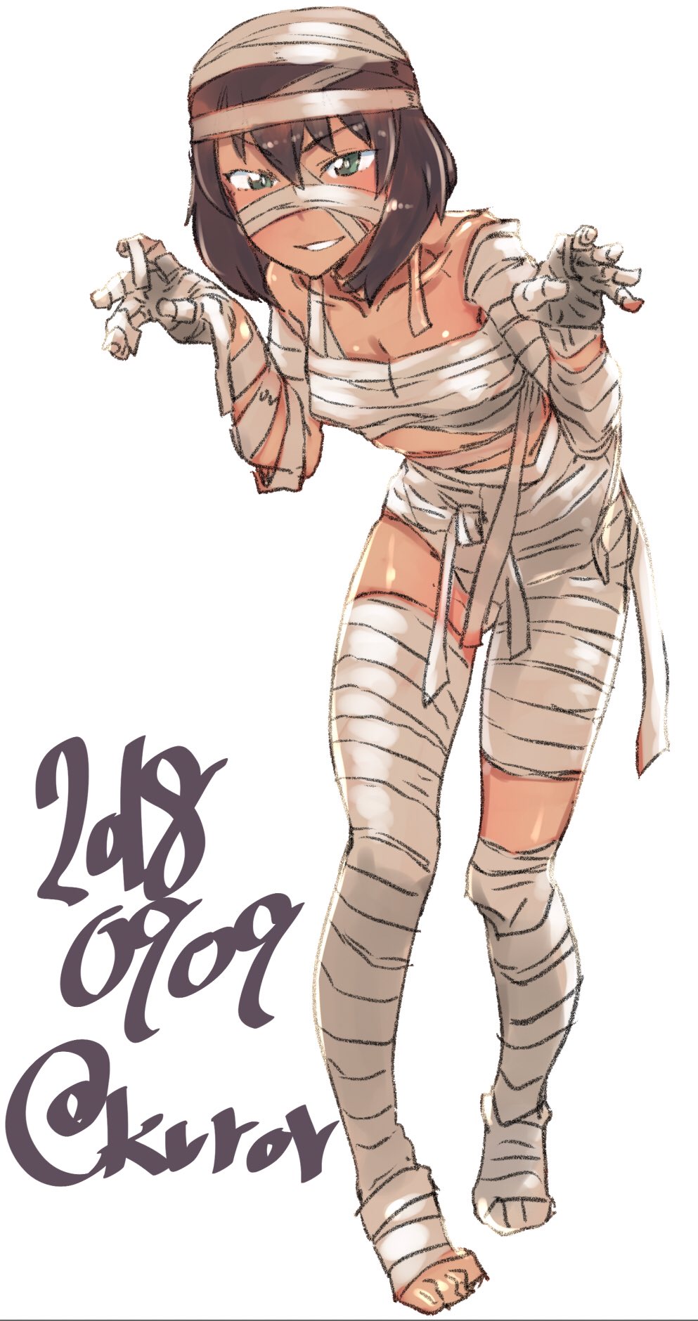 1girl, abaratani_kurou, alternate_costume, bandage, bangs, brown_hair, claw_pose, commentary