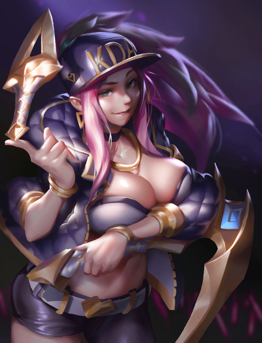 1girl, absurdres, akali, alternate_breast_size, asymmetrical_clothes, balancing, baseball_cap, belt