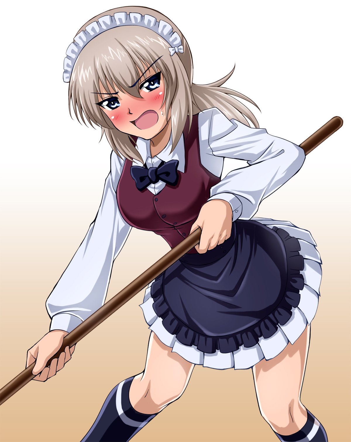 1girl, angry, apron, bangs, bartender, black_apron, black_neckwear, blue_eyes, blush, bow, bowtie, broom, brown_background, brown_vest, commentary, cosplay, cutlass_(girls_und_panzer), cutlass_(girls_und_panzer)_(cosplay), dress_shirt, frilled_apron, frills, frown, girls_und_panzer, gradient, gradient_background, handkerchief, highres, holding, holding_broom, itsumi_erika, leaning_forward, long_hair, long_sleeves, looking_at_viewer, maid_headdress, miniskirt, navy_blue_legwear, open_mouth, pleated_skirt, print_legwear, school_uniform, shirt, short_hair, silver_hair, single_horizontal_stripe, skirt, socks, solo, standing, sweatdrop, v-shaped_eyebrows, vest, waist_apron, white_shirt, white_skirt, wing_collar, zanntetu