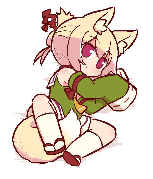 1girl, animal_ear_fluff, animal_ears, arm_up, bangs, bare_shoulders, between_legs, blonde_hair