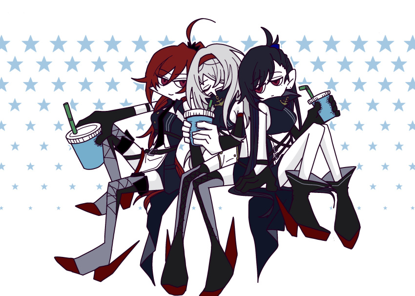 3girls, artist_request, azur_lane, bare_shoulders, black_gloves, black_hair, boots, breasts