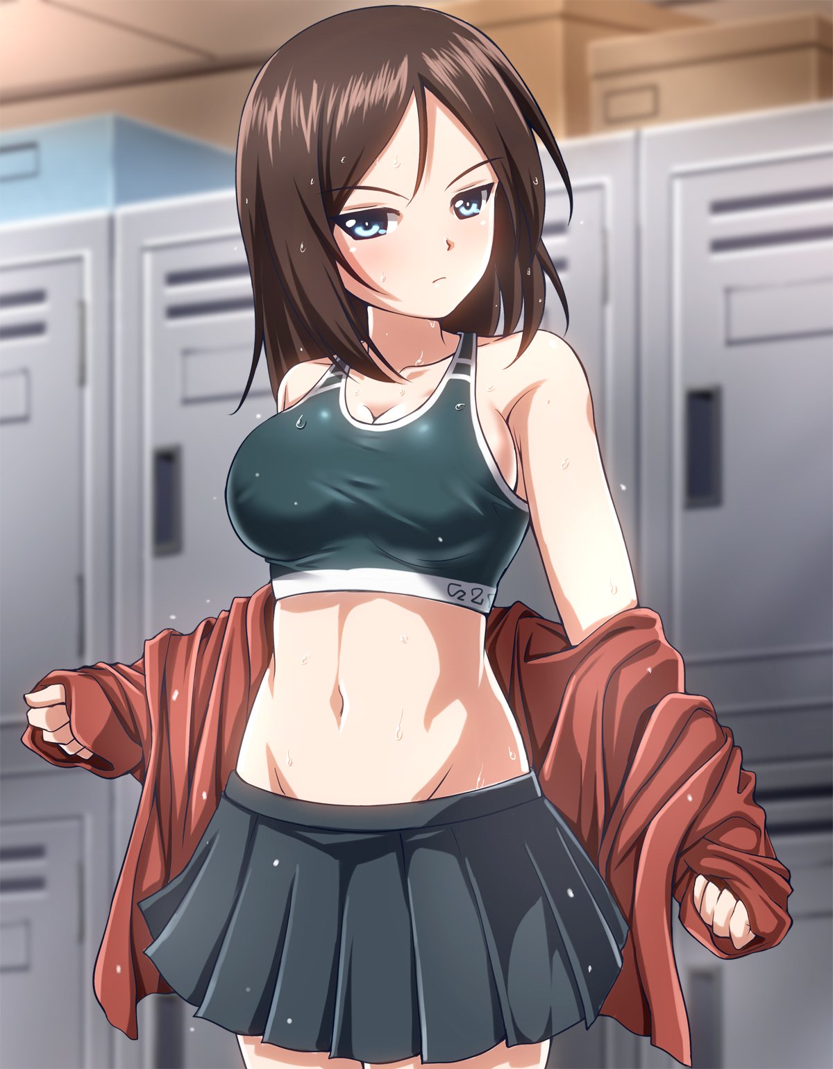 1girl, bangs, black_hair, black_skirt, black_sports_bra, blue_eyes, blurry, blurry_background