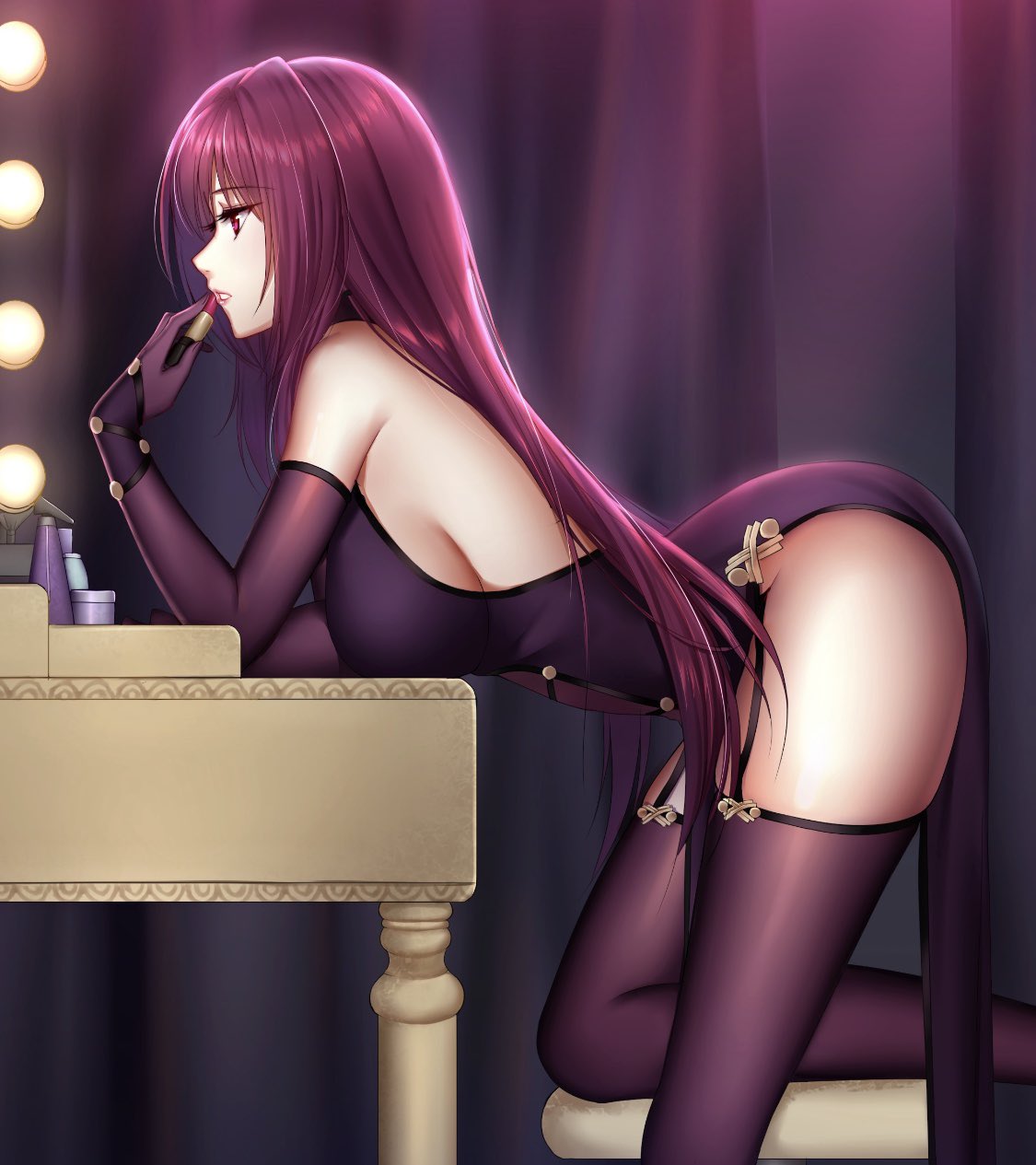 1girl, adapted_costume, applying_makeup, ass, bangs, bare_shoulders, blush, breasts
