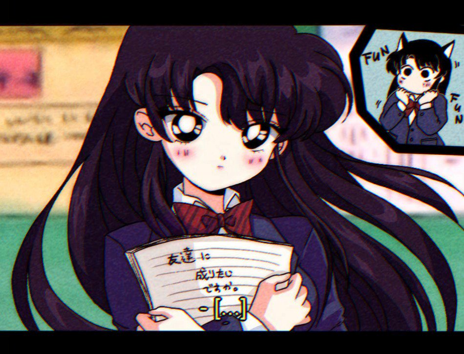 ..., 1girl, 90s, animal_ears, black_eyes, black_hair, blush, cat_ears, crossed_arms, holding, holding_paper, komi-san_wa_komyushou_desu, komi_shou, komi_shouko, paper, school_uniform, takeuchi_naoko_(style), translated