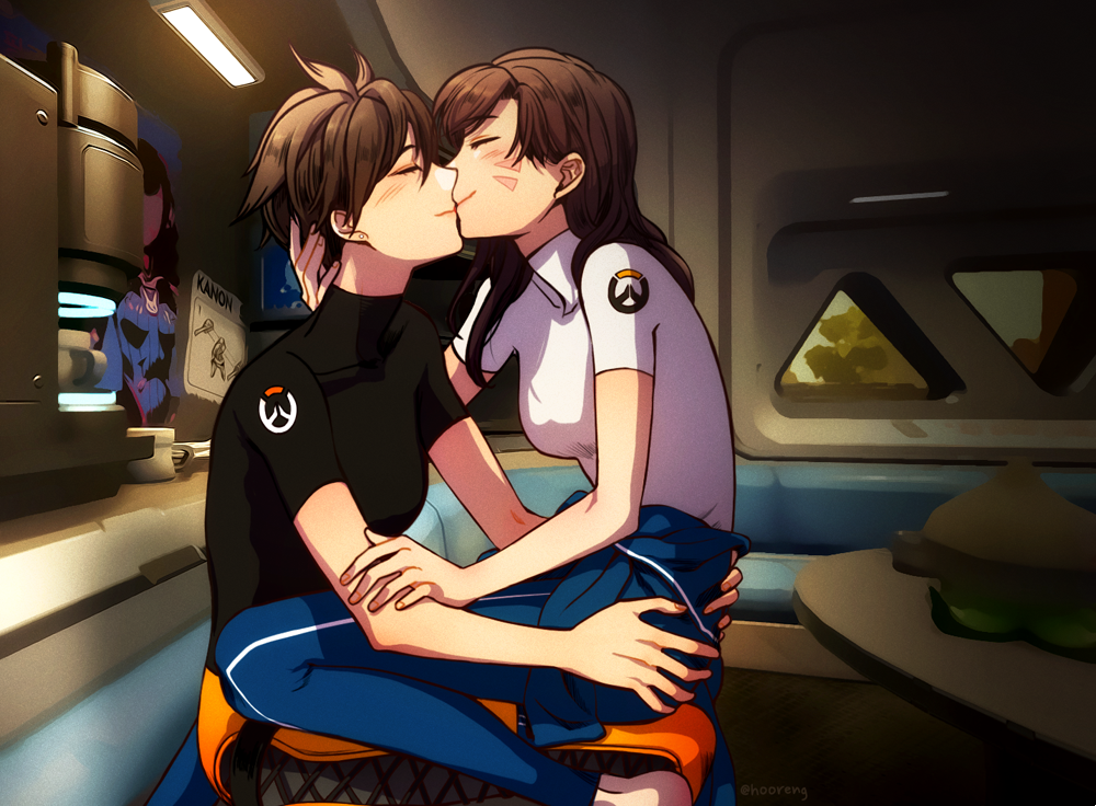 2girls, black_shirt, blue_pants, blush, brown_hair, casual, closed_eyes, couch