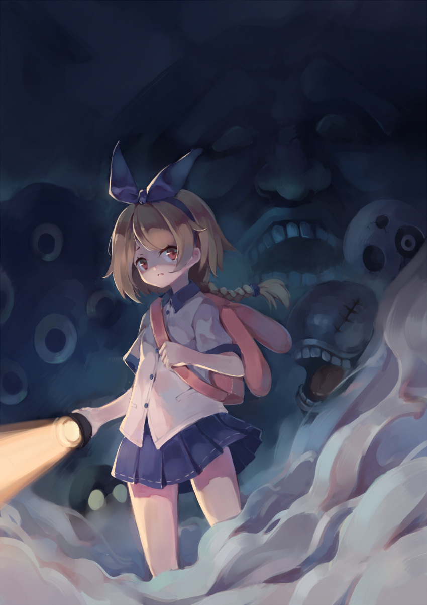 1girl, backpack, bag, blonde_hair, blue_ribbon, blue_skirt, braid, brown_eyes, closed_mouth, dianche_miao_(18826), extra_eyes, flashlight, hair_ribbon, haru_(yomawari), highres, holding, holding_flashlight, long_hair, low_ponytail, monster, open_mouth, pleated_skirt, ribbon, scar, shirt, short_sleeves, skirt, standing, white_shirt, yomawari:_midnight_shadows