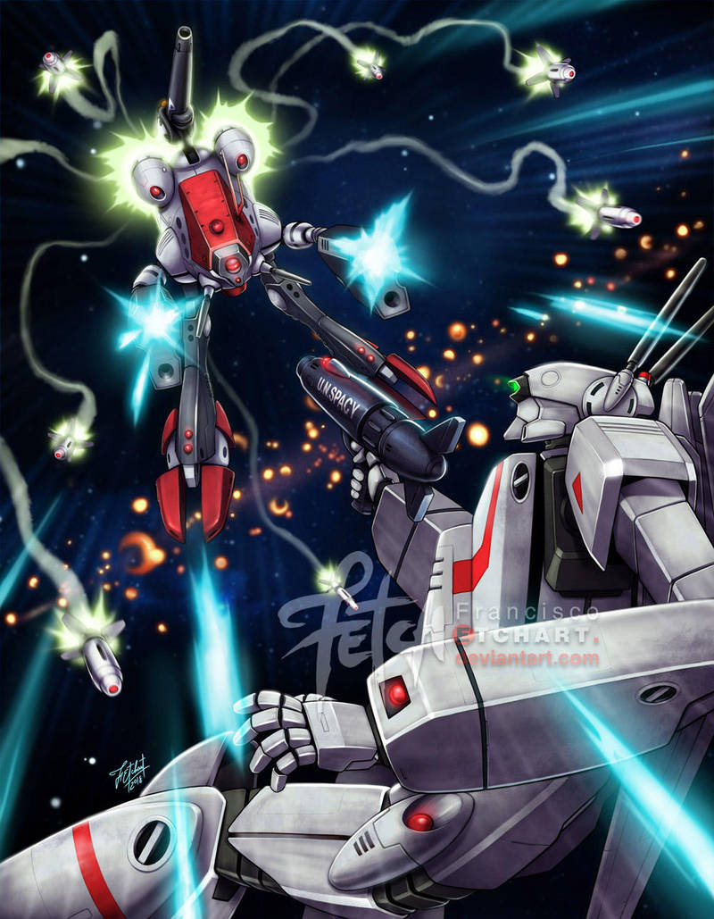 aiming, alien, arm_cannon, battle, choujikuu_yousai_macross, commentary, energy, energy_cannon