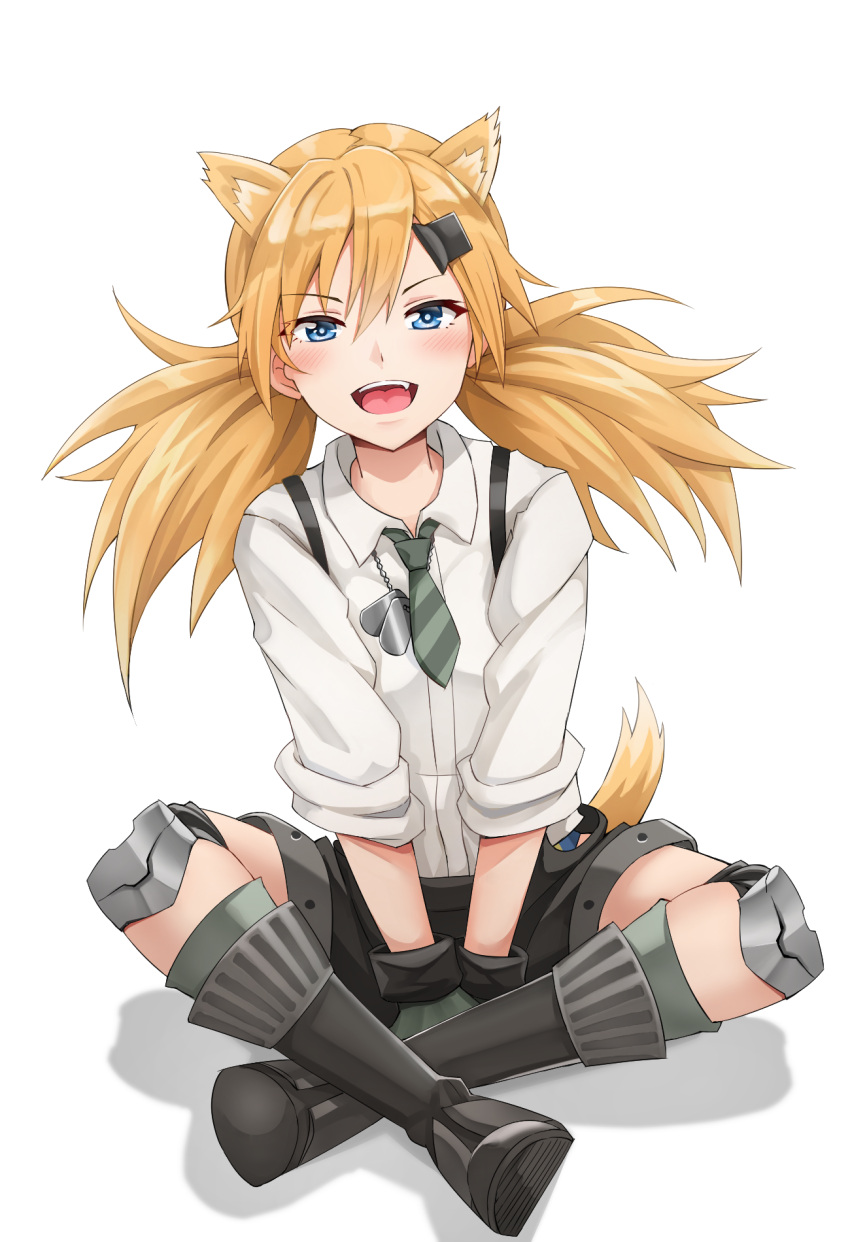 1girl, animal_ears, bangs, black_footwear, black_shorts, blonde_hair, blue_eyes, blush