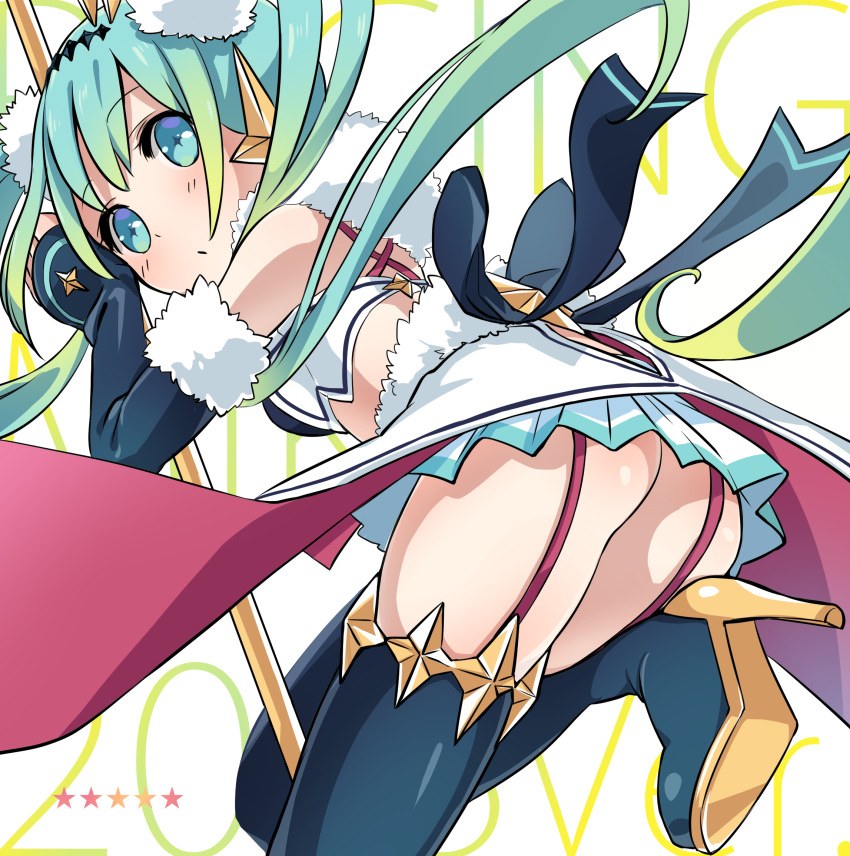 1girl, aqua_eyes, ass, boots, detached_sleeves, garter_straps, green_hair, hatsune_miku