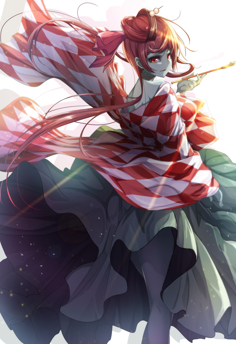 1girl, argyle, argyle_kimono, backlighting, bangs, bare_shoulders, commentary_request, green_skirt