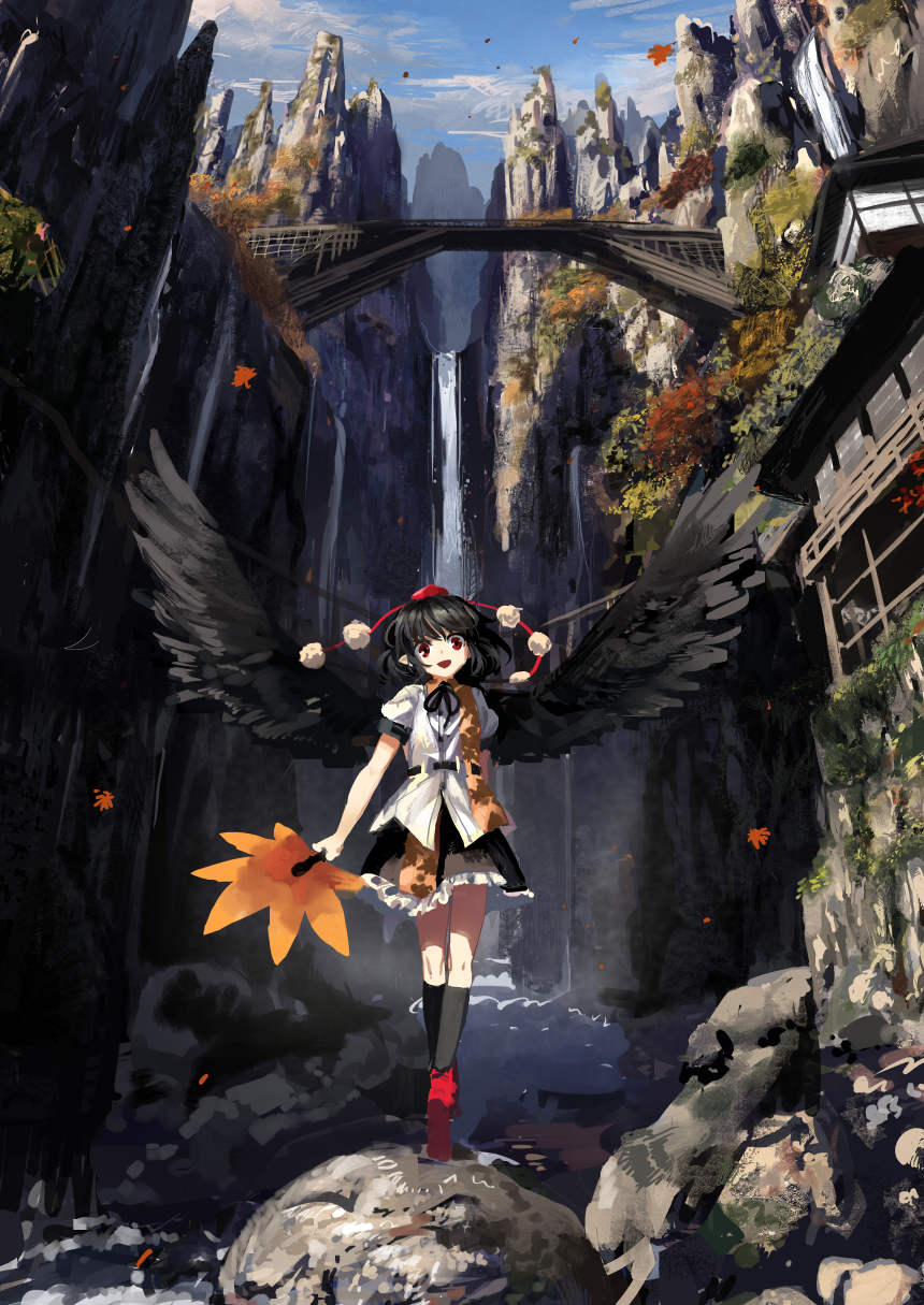 1girl, architecture, black_hair, black_wings, blue_sky, bridge, clouds, east_asian_architecture