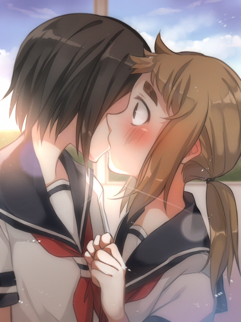 black_hair, blue_sky, blush, brown_hair, hand_up, hibino_mina, indoors, karakai_jouzu_no_takagi-san, kiss, kyusai_kuma, long_hair, looking_at_another, ponytail, school_uniform, short_hair, sidelocks, sky, sunlight, thick_eyebrows, tsukimoto_sanae, yuri