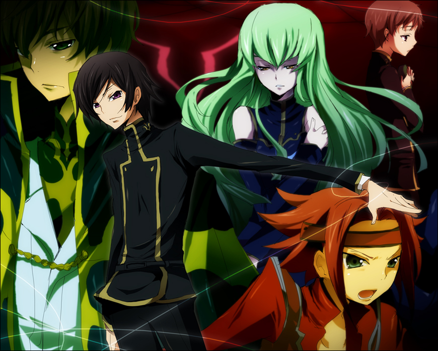 2girls, 3boys, ashford_academy_uniform, black_hair, brown_hair, c.c., code_geass, flipped_hair