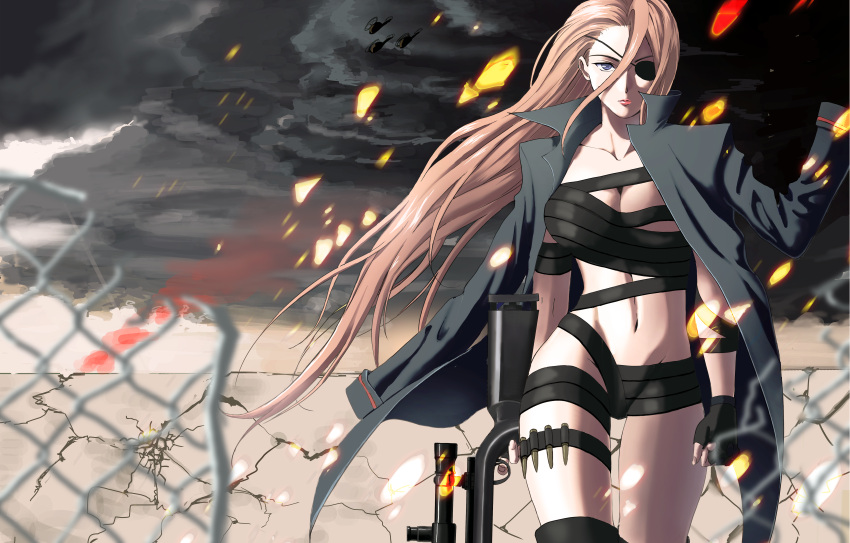 absurdres, aircraft, armband, black_gloves, black_legwear, blue_eyes, broken, brown_hair