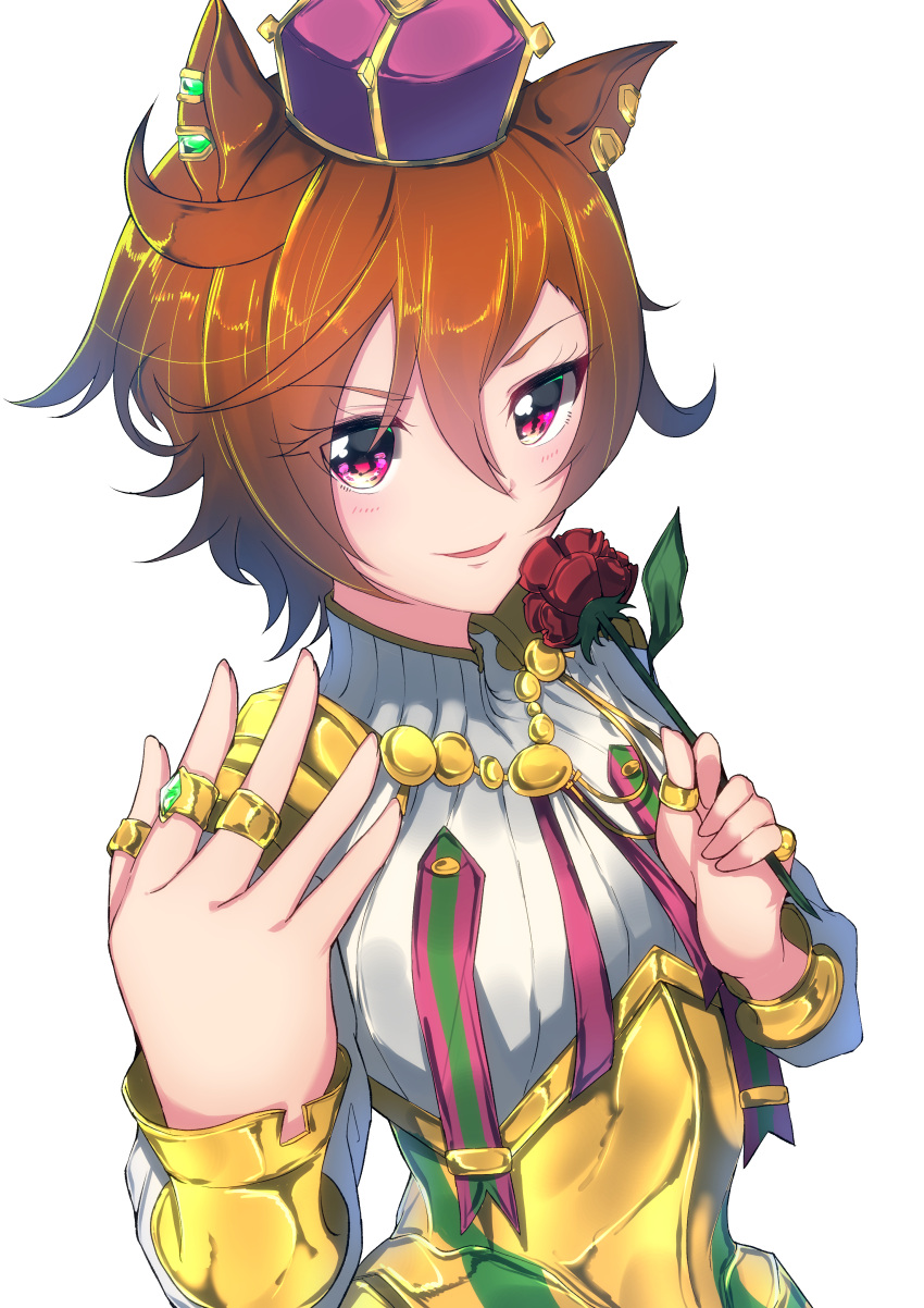 absurdres, animal_ears, brown_hair, ear_clip, flower, foreshortening, hair_between_eyes, hand_up, hat, highres, horse_ears, jewelry, looking_at_viewer, misonikomi, purple_hat, ring, rose, short_hair, smile, t_m_opera_o, umamusume, upper_body, white_background