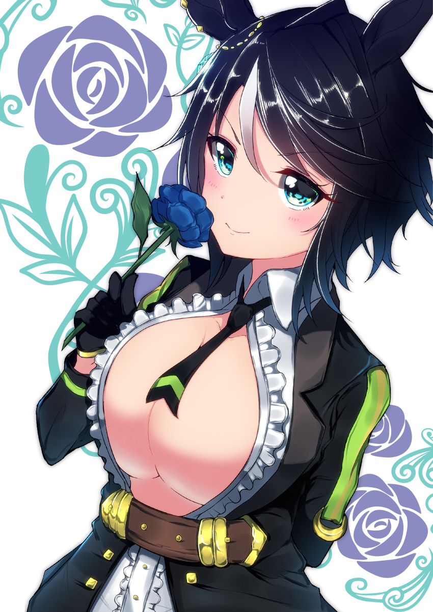 1girl, absurdres, animal_ears, belt, black_gloves, black_hair, black_jacket, black_neckwear
