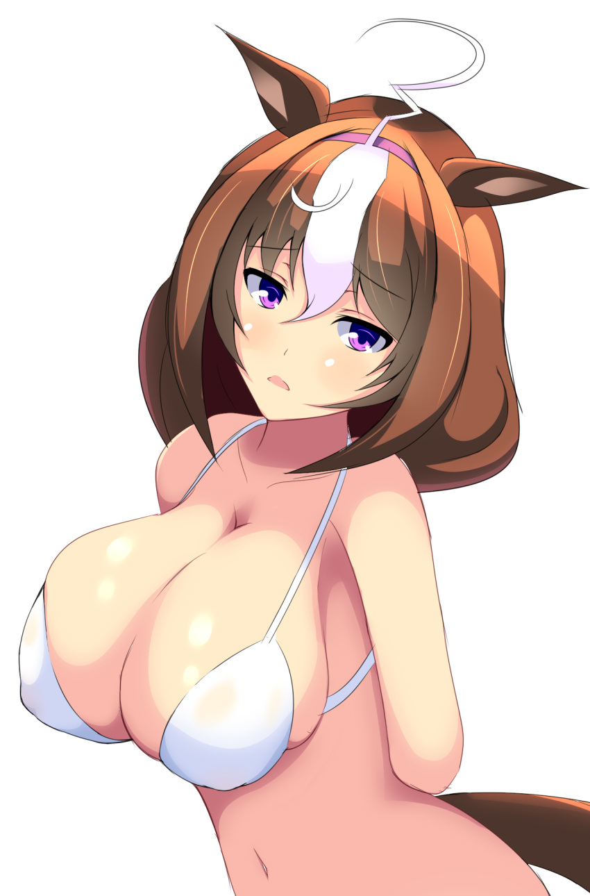 1girl, ahoge, animal_ears, arms_behind_back, bikini, breasts, brown_hair, cleavage