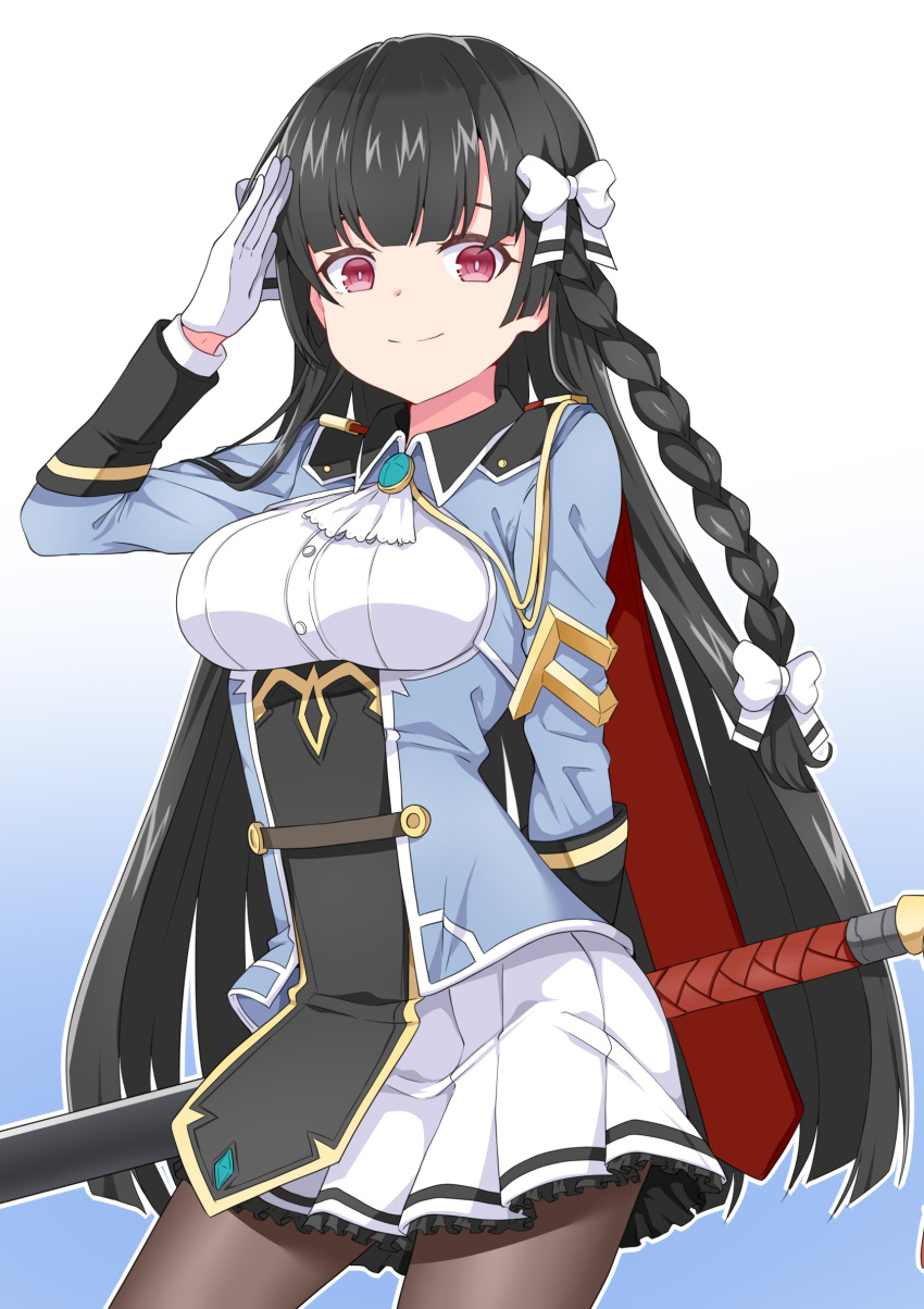 black_hair, blue_background, bow, breasts, brown_legwear, epic7, gloves, gradient, gradient_background, hair_bow, hayarob, highres, holding, holding_sword, holding_weapon, karin_fantaria, large_breasts, long_sleeves, pantyhose, red_eyes, salute, simple_background, skirt, smile, sword, weapon, white_background, white_bow, white_gloves, white_skirt