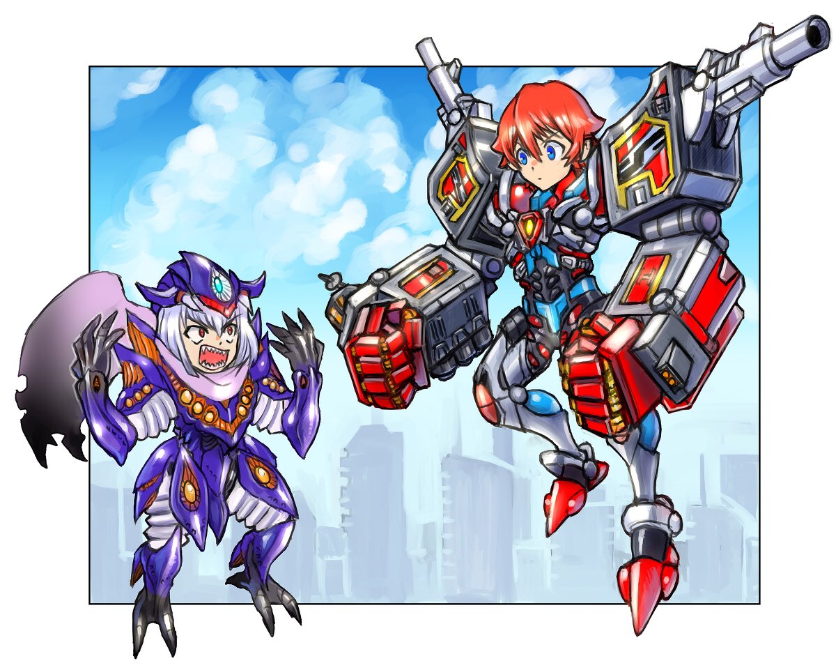2boys, anti_(ssss.gridman), bangs, blue_eyes, blue_sky, city, cityscape, clouds, cloudy_sky, commentary_request, cosplay, day, gridman_(ssss), gridman_(ssss)_(cosplay), hibiki_yuuta, male_focus, multiple_boys, oomasa_teikoku, red_eyes, redhead, short_hair, silver_hair, sky, ssss.gridman