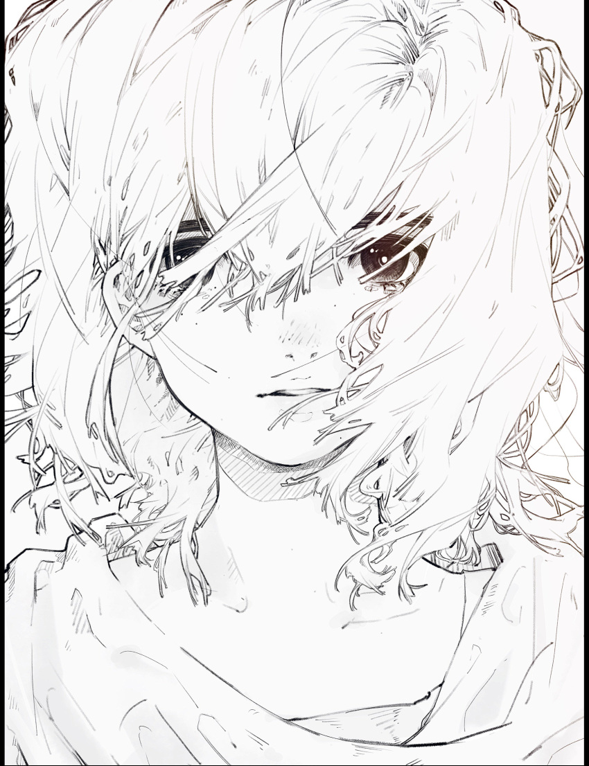 1girl, absurdres, bangs, daruma_owl, greyscale, hair_between_eyes, hair_over_eyes, highres