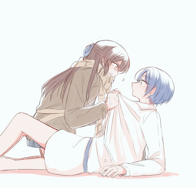 2girls, age_difference, bangs, blue_hair, bowwow_(hamju94), brown_eyes, brown_hair, coat