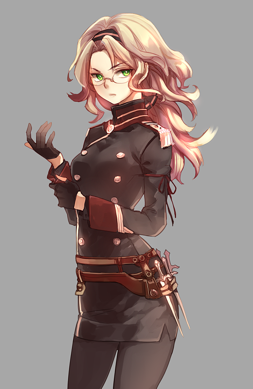 1girl, arm_ribbon, belt, black_gloves, black_legwear, brown_hair, buttons, chinese_commentary