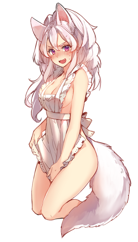 1girl, animal_ears, apron, apron_tug, blush, breasts, chinese, chinese_commentary, cleavage, commentary_request, embarrassed, eyebrows, fang, full_body, hair_between_eyes, kneeling, long_hair, maid_apron, medium_breasts, mesme, naked_apron, nose_blush, open_mouth, original, pink_eyes, sideboob, simple_background, solo, sweat, tail, white_apron, white_background, white_hair, wolf_ears, wolf_tail