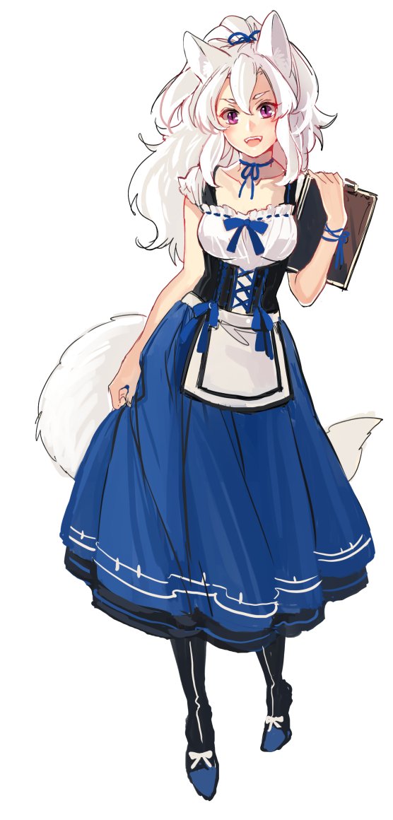 1girl, animal_ears, ankle_ribbon, blue_footwear, blue_ribbon, blue_skirt, chinese_commentary, choker
