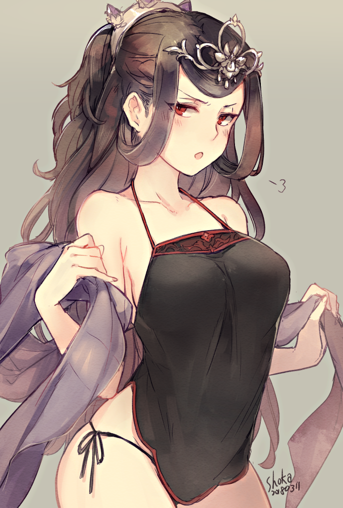 1girl, =3, artist_name, bare_shoulders, black_dress, black_panties, breasts, brown_hair