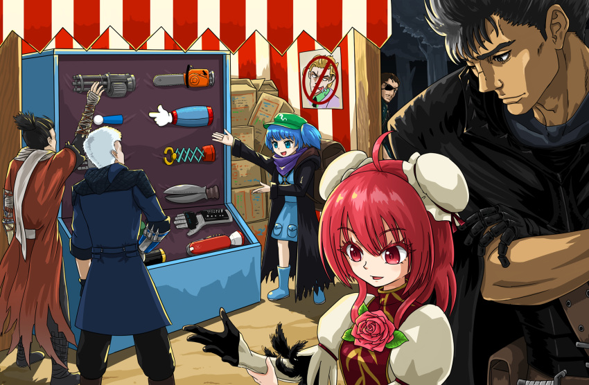 2girls, 4boys, berserk, black_hair, blue_footwear, blue_hair, chainsaw, crossover, devil_may_cry, devil_may_cry_5, eyepatch, flower, guts, hat, highres, ibaraki_kasen, jacket, kawashiro_nitori, kira_yoshikage, mechanical_arm, metal_gear_(series), multiple_boys, multiple_girls, nero_(devil_may_cry), okema, red_eyes, redhead, scarf, short_hair, silver_hair, touhou, venom_snake