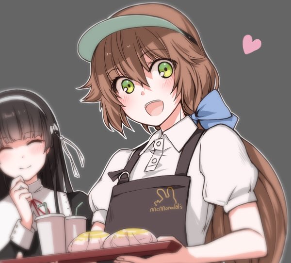 2girls, apron, bangs, black_hair, blunt_bangs, blush, bow, brown_hair