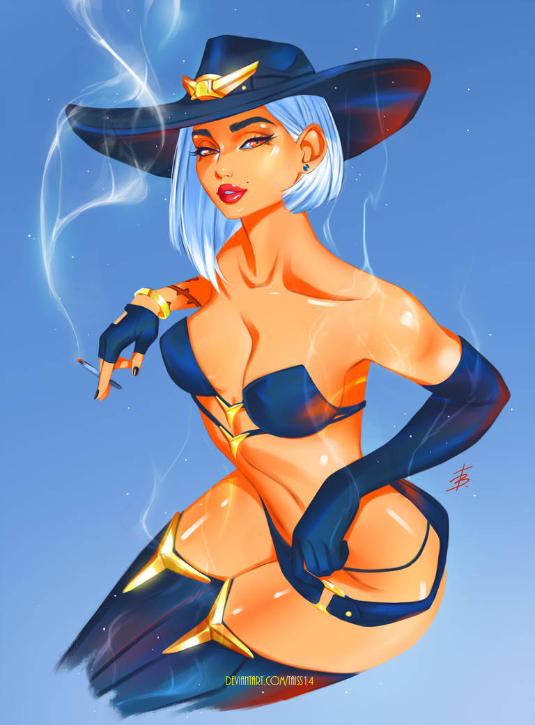 1girl, adapted_costume, arm_tattoo, ashe_(overwatch), asymmetrical_hair, bare_shoulders, belt, bikini