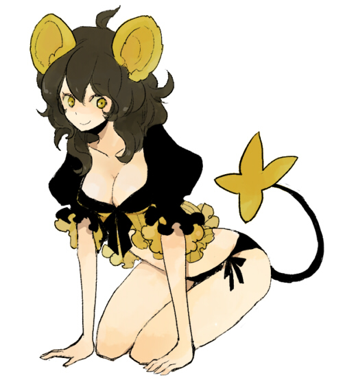 black_hair, breasts, brown_hair, cleavage, l_hakase, moemon, no_pants, panties