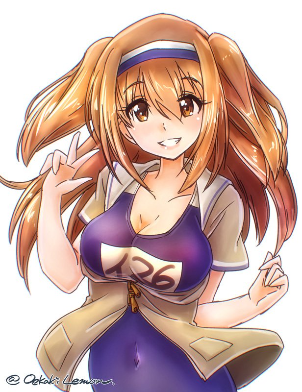 1girl, blue_swimsuit, breasts, grin, hairband, i-26_(kantai_collection), kantai_collection, large_breasts
