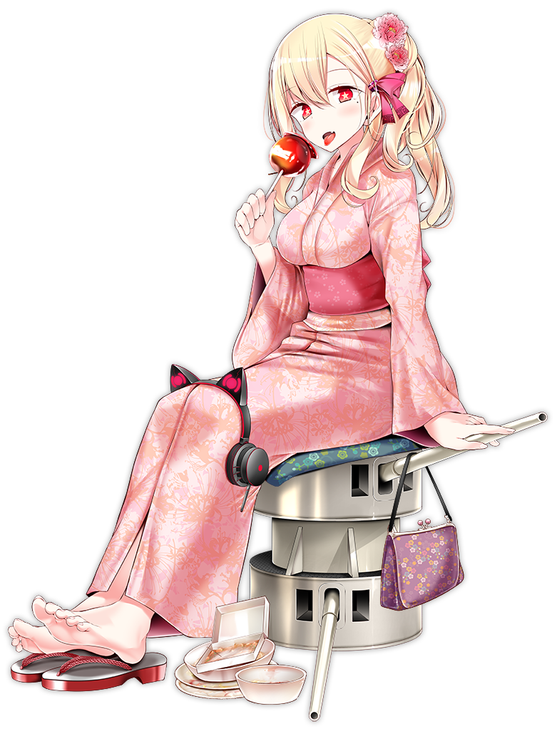 1girl, alternate_costume, arm_support, azur_lane, bangs, barefoot, blonde_hair, blush