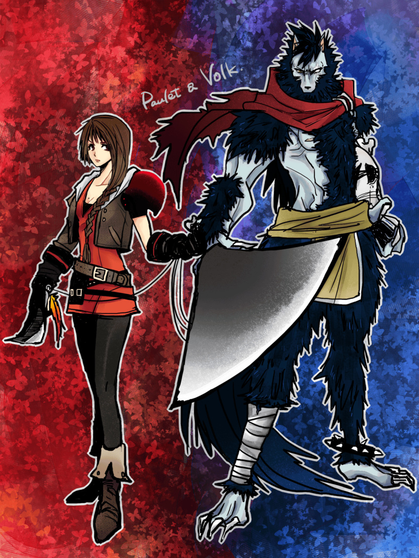 1boy, 1girl, arc_the_lad, arc_the_lad_twilight_of_the_spirits, braid, breasts, brown_eyes, brown_hair