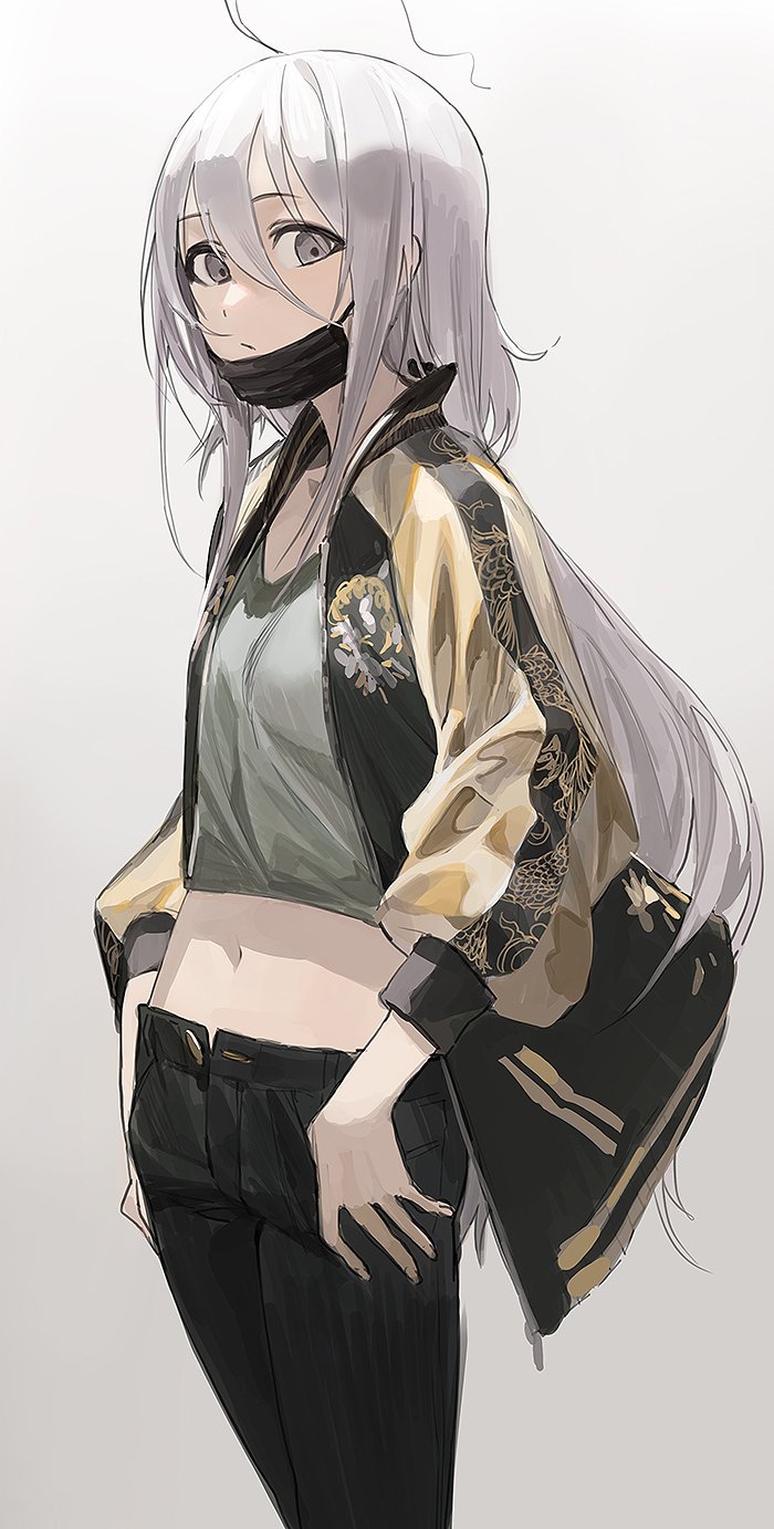 1girl, ahoge, black_surgical_mask, commentary_request, cowboy_shot, crop_top, expressionless, gradient