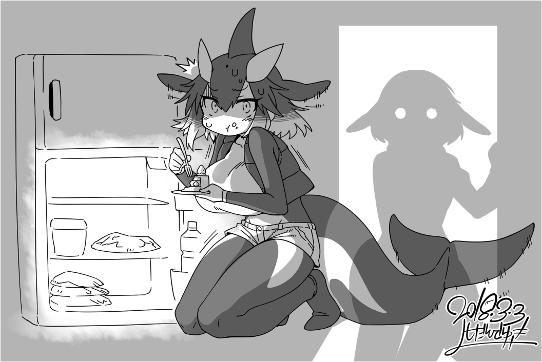 /\/\/\, 2girls, beluga_whale_(kemono_friends)_(stylecase), bodysuit, borrowed_character, breasts, cake, constricted_pupils, dated, dolphin_tail, eating, eyebrows_visible_through_hair, food, food_on_face, fork, fruit, full_body, gloom_(expression), greyscale, hair_ornament, head_fins, holding, holding_fork, holding_plate, kemono_friends, killer_whale_(kemono_friends)_(stylecase), kneeling, long_sleeves, medium_hair, monochrome, motion_lines, multicolored_hair, multiple_girls, open_clothes, open_vest, original, plate, refrigerator, shade, shadow, shorts, signature, silhouette, slice_of_cake, solo_focus, strawberry, strawberry_shortcake, surprised, sweat, sweating_profusely, tail, tsurime, vest, yoshida_hideyuki