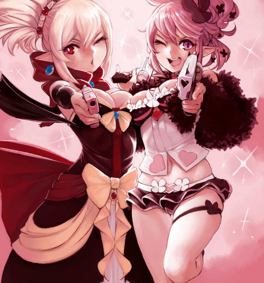 2girls, absurdres, bow, breasts, cleavage, demstouts, detached_sleeves, disgaea