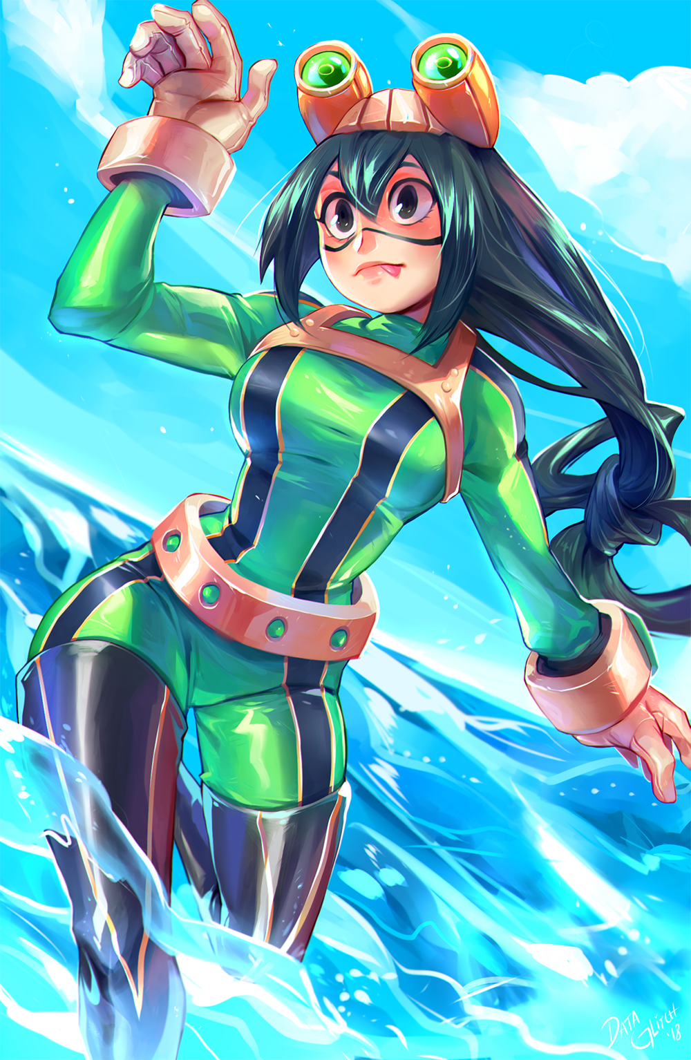 1girl, :p, asui_tsuyu, black_footwear, bodysuit, boku_no_hero_academia, boots, breasts, commentary, day, english_commentary, gloves, goggles, goggles_on_head, green_hair, grey_eyes, hair_tubes, highres, lina_rojas, long_hair, medium_breasts, ocean, skin_tight, solo, thigh-highs, thigh_boots, tied_hair, tongue, tongue_out, very_long_hair, water, white_gloves