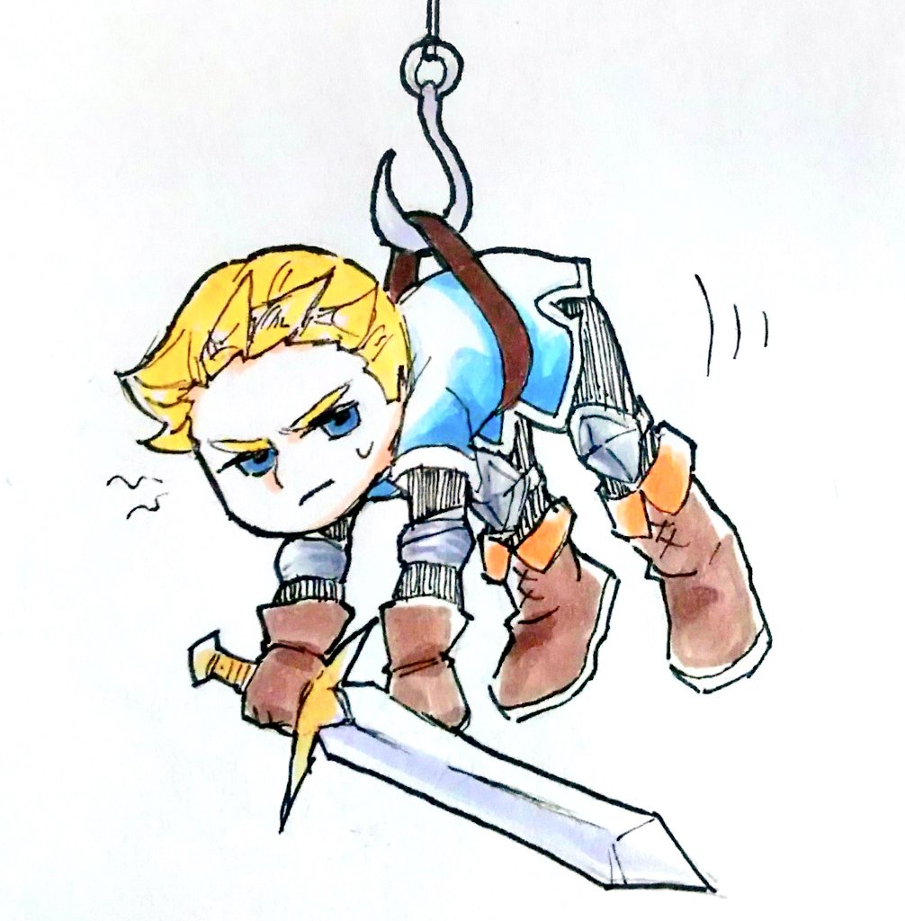1boy, blonde_hair, blue_eyes, boots, brown_footwear, brown_gloves, gloves, hook, male_focus, mii_(nintendo), mii_swordfighter, nintendo, nintendo_ead, nintendo_land, simple_background, solo, sora_(company), super_smash_bros., super_smash_bros._ultimate, super_smash_bros_for_wii_u_and_3ds, sweatdrop, sword, traditional_media, tunic, weapon, white_background