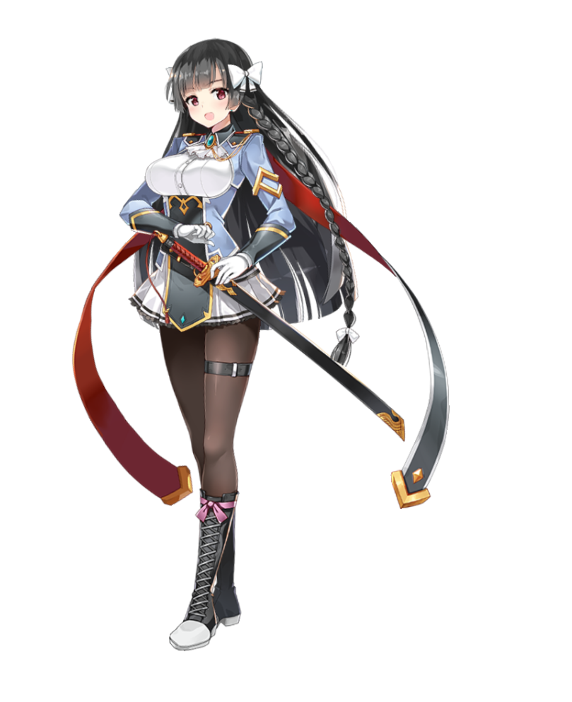 1girl, :d, armlet, black_footwear, black_hair, black_legwear, boots, bow, braid, breasts, brown_eyes, cross-laced_footwear, epic7, full_body, gloves, hair_bow, holding, holding_sword, holding_weapon, jewelry, karin_fantaria, large_breasts, long_hair, long_sleeves, looking_at_viewer, official_art, open_mouth, pantyhose, sheath, sheathed, skirt, smile, solo, standing, sword, thigh_strap, transparent_background, very_long_hair, weapon, white_bow, white_gloves, white_skirt