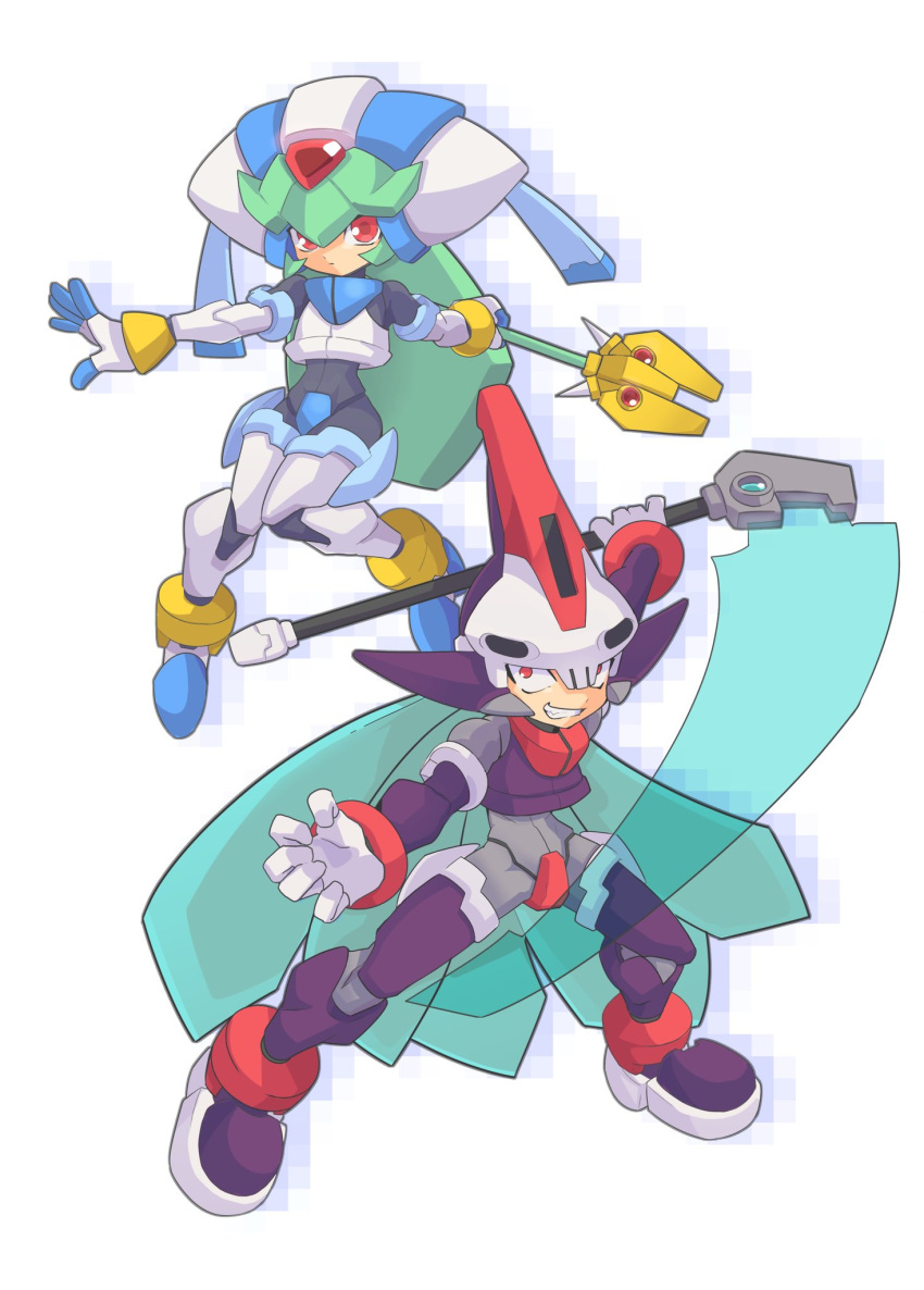 1boy, 1girl, android, energy_blade, full_body, gloves, grin, helmet